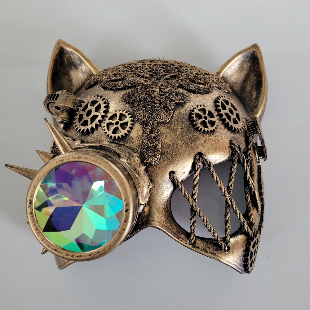Cat Steampunk Mask Antiqued Gold-tone Lace, Spikes, & Gears Rainbow Kaleidescope - Picture 3 of 16
